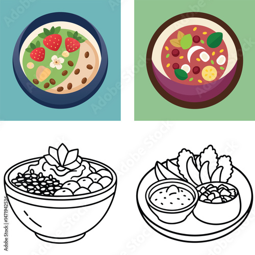 Colorful Smoothie Bowls and a Healthy Plate Illustration