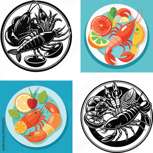 Delicious Seafood Platter Illustrations Lobster and Shrimp Dishes