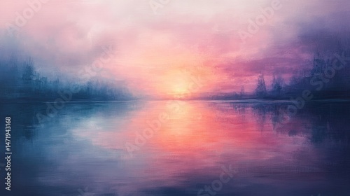 Serene, colorful landscape of a misty sunrise over calm water.