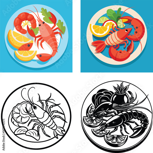 Delicious Seafood Platter Illustrations Colorful and Monochrome Designs