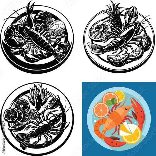 Delicious Seafood Platter Designs Lobster and Shrimp Illustrations