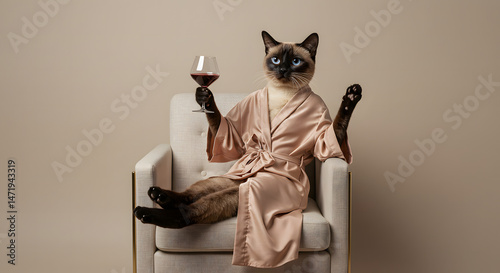 bourgeois cat tasting wine and relaxing in an armchair after a bath