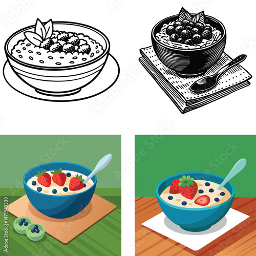 Oatmeal with Berries and Strawberries Line Art and Colorful Illustrations