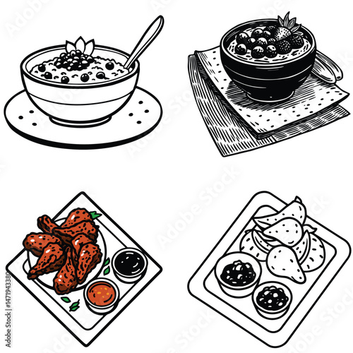 Delicious Food Illustrations Breakfast Bowls Chicken Wings and Potato Wedges
