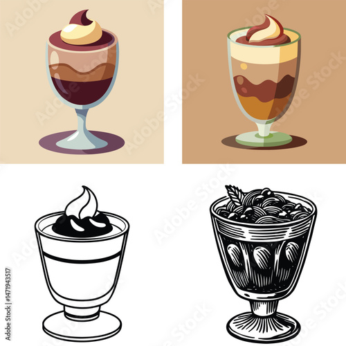 Layered Dessert Cups in Various Styles Color Illustration and Outline