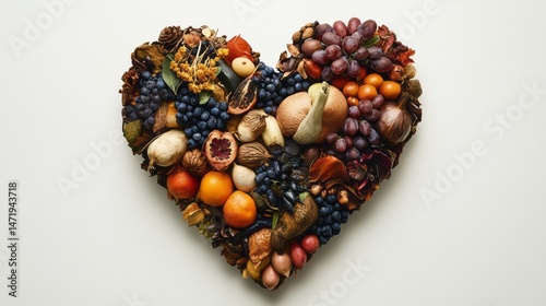 Heart-shaped arrangement of assorted seasonal produce.