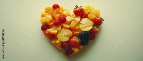 Heart-shaped arrangement of colorful fruits.
