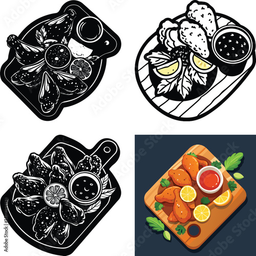 Delicious Chicken Wings Platter with Lemon and Dipping Sauce Illustrations