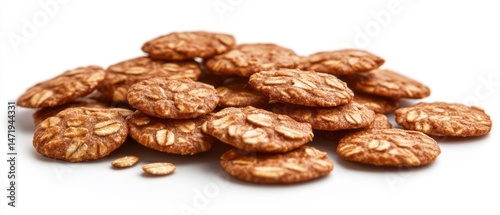 Pile of round oat cookies on a white background.