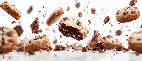 Delicious chocolate chip cookies in mid-air.