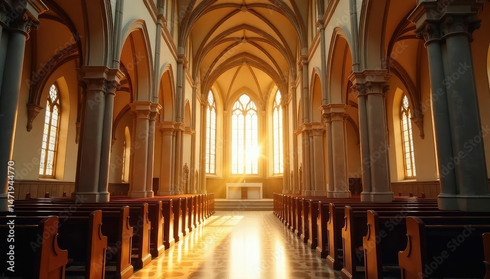 Fototapeta premium A peaceful church interior, bathed in sunlight , religion, hope, sunlight