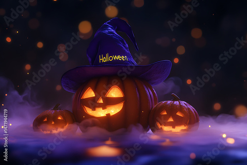 Glowing Halloween pumpkin with witch hat in forest at night, spooky jack-o'-lantern scene

 photo