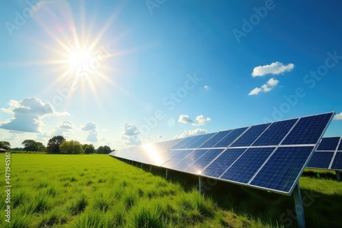 Bright sun shining on solar panels in a field , clean energy, field, renewable energy