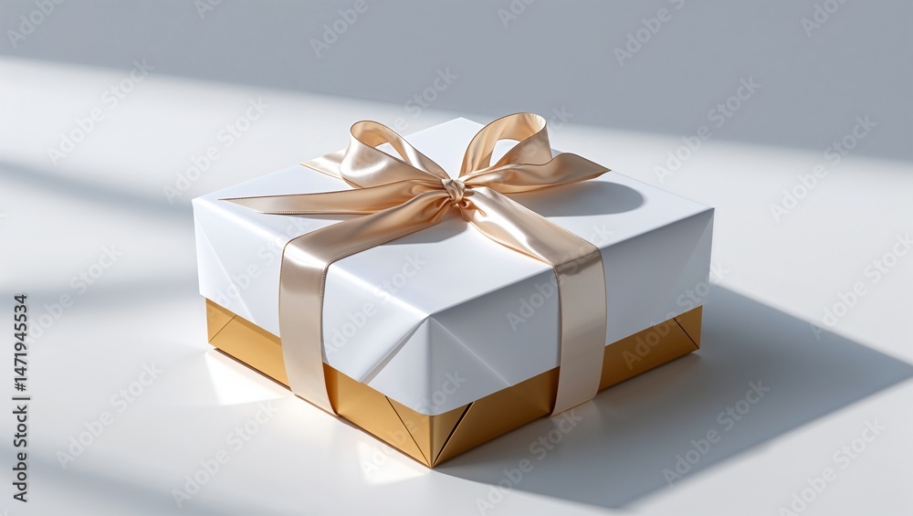 Obraz premium A beautifully wrapped gift box with a white exterior, gold ribbon, and bow, illuminated by soft sunlight, perfect for holiday celebrations, birthdays, or special occasions