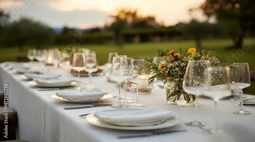 Elegant Outdoor Dining Table at Sunset. Party, Celebration, Event