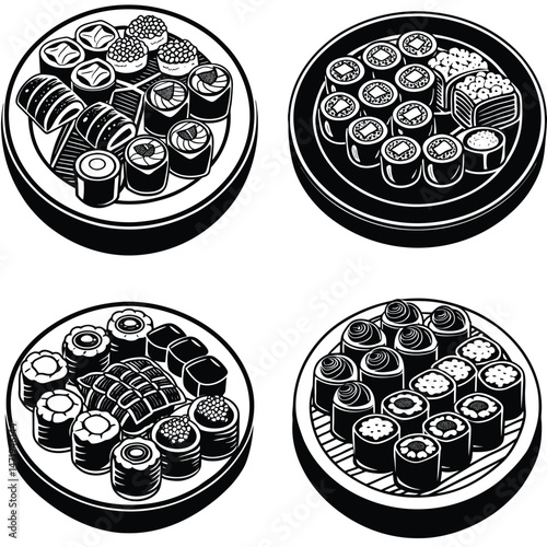 Four Delicious Sushi Platters A Black and White Illustration