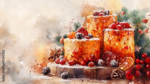 Festive, sugared cakes arranged on a rustic wooden platter.