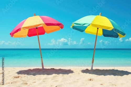 Vibrant beach umbrella providing shade on sunny sand   outdoor recreation  canvas