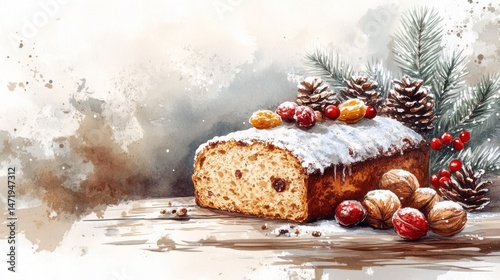 Festive fruitcake slice on rustic wooden surface.
