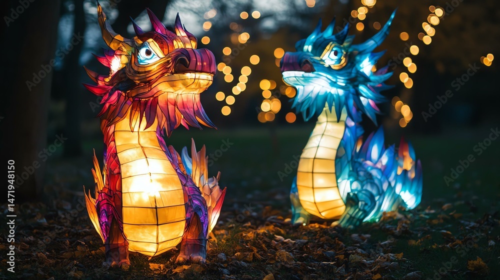 Naklejka premium Illuminated dragon lanterns glowing at night.
