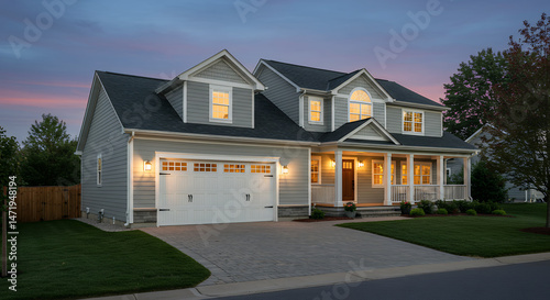 Stunning Gray Home: Curb Appeal, Driveway, Lights & Twilight Views - Find Your Dream Home!