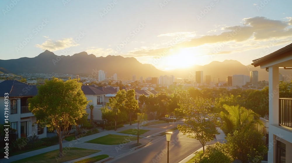 Fototapeta premium Suburban neighborhood at golden hour with mountain backdrop and urban skyline