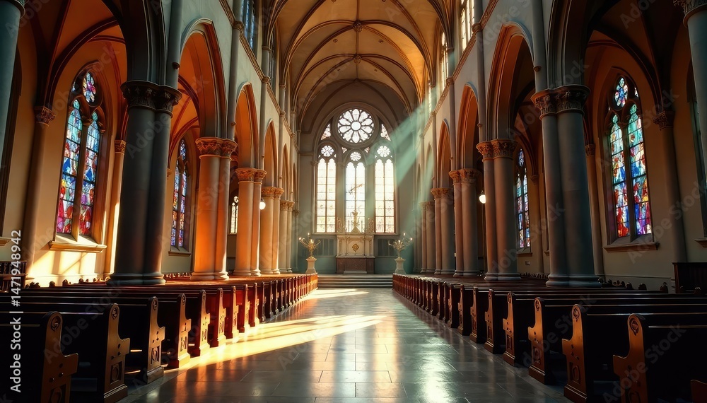 Fototapeta premium A majestic church interior, sunlight streaming through stained glass windows , worship, religious building, church