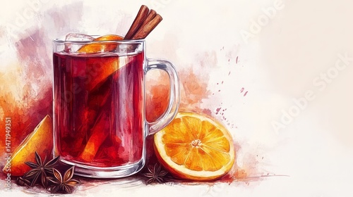 Warmly colored illustration of spiced hot beverage.