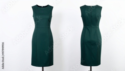 Elegant green sheath dress front and back view on a mannequin against a white background, perfect for professional women