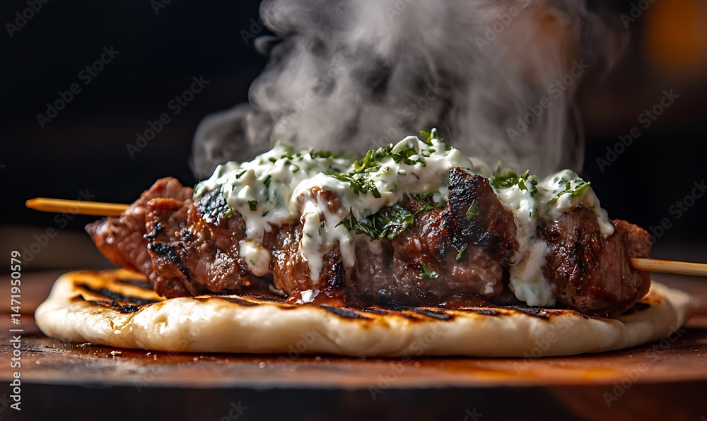 Grilled meat skewer topped with sauce resting on flatbread
