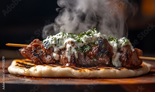 Obraz na płótnie Grilled meat skewer topped with sauce resting on flatbread w salonie