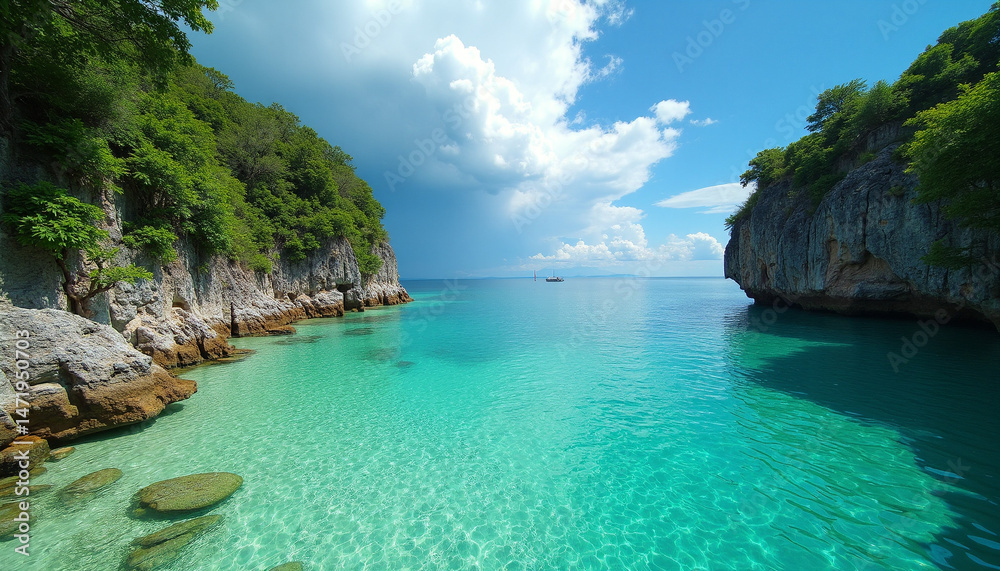 Fototapeta premium Serene Blue Waterbody with Calm Waves and Scenic Horizon
