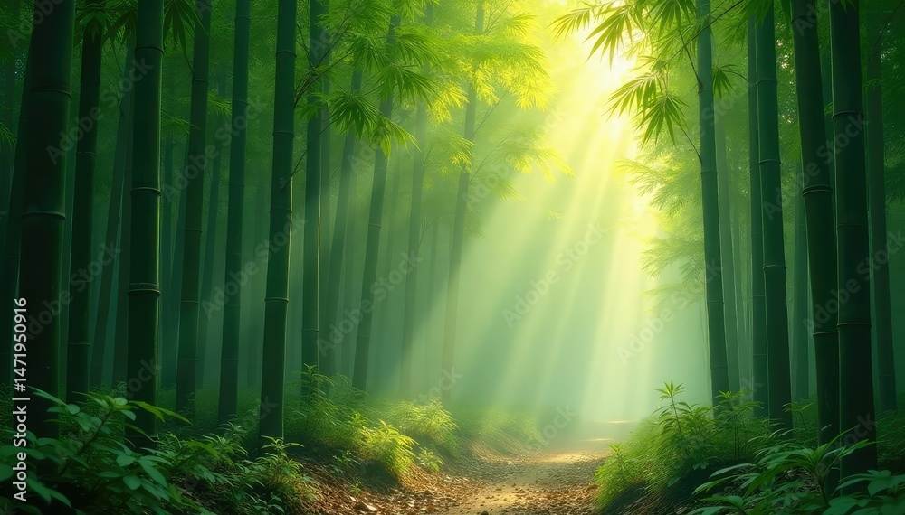 Naklejka premium Serene bamboo forest bathed in morning sunlight, mist clinging to the leaves , foliage, sunlight