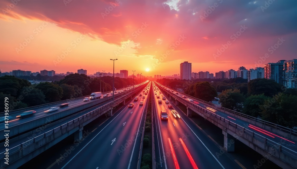 Fototapeta premium Elevated highway overpass at sunset, showcasing urban landscape and traffic flow , sunset, elevated