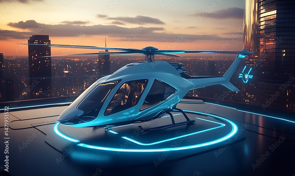 A futuristic helicopter sits atop a tall urban building