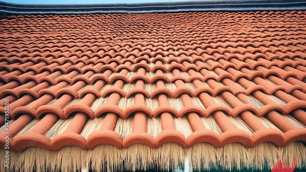 Traditional terracotta roof tiles arranged in neat rows over a thatched underlayment creating a textured pattern