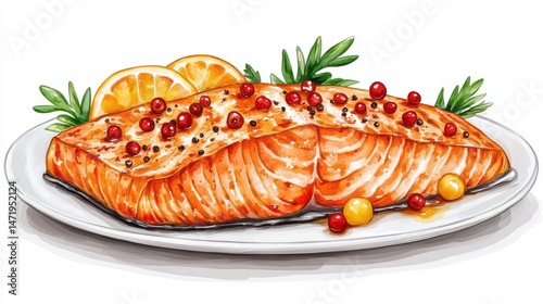 Delicious, seasoned salmon fillet on a white plate.