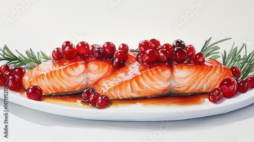 Two salmon fillets topped with cranberries and rosemary.