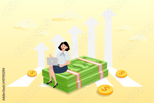 Woman working with computer on banknote money growing graph, Increase income or salary raise, growing investment, wealth or saving profit, revenue rising, improvement or accumulate wealth concept