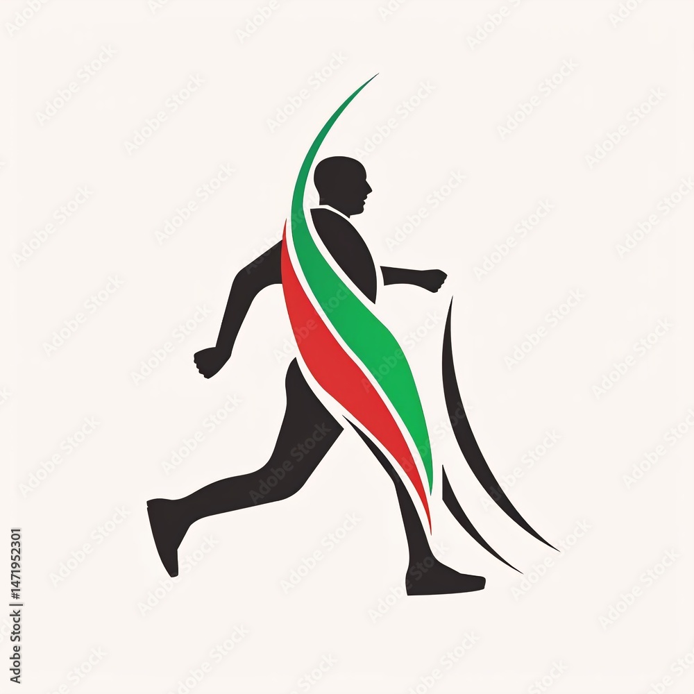 Fototapeta premium A stylized logo of a person in motion, depicted in a side profile with a flowing ribbon transitioning from green to red, symbolizing movement and energy.