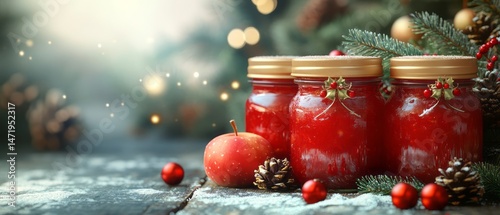 Festive jars of red fruit preserves on a rustic surface.