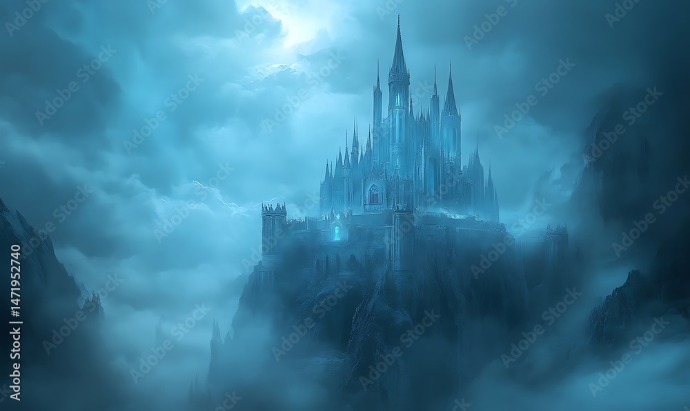 A mystical castle perched atop mountainous terrain in cloudy atmosphere