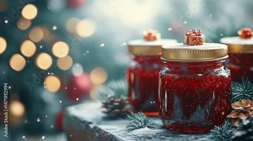 Festive cranberry preserves jars with snow and holiday decor.