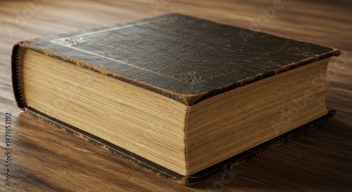 Old book with aged cover and yellow pages on wooden surface