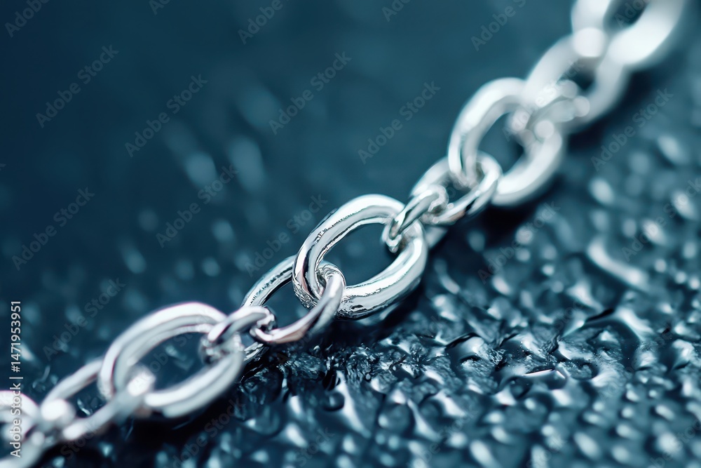Obraz premium Close-up of a shiny silver chain lying on a textured, wet surface with a blurred background.