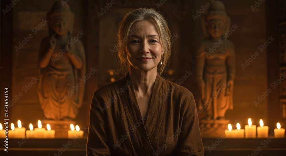Naklejka premium Portrait of a mature woman with lit candles and statues in a warmly lit interior