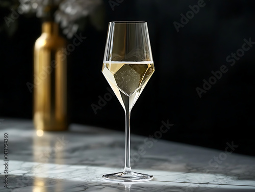 A tall, thin glass of white wine is sitting on a marble countertop