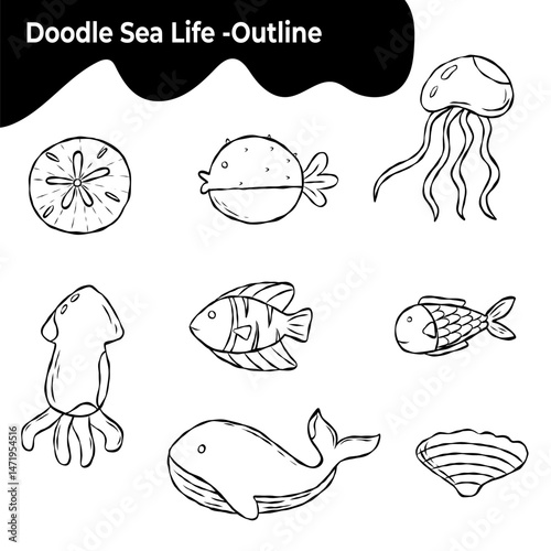 Doodle Sea Creatures and Marine Life In Black Line Art