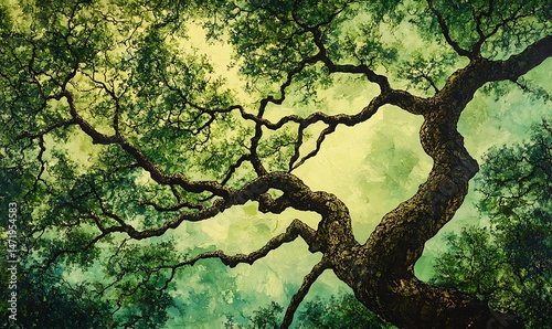 A large green tree reaching towards the sky from a low angle