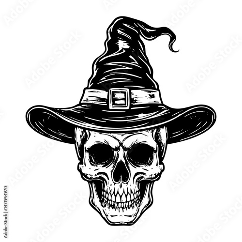 Skull wear witch hat engraving black and white outline. Scratch board imitation.  illustrated in vintage line art style on a white background.